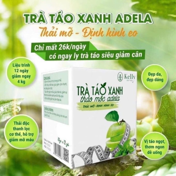 Trà Táo Xanh Giảm Cân Kelly Adela 12 Gói – Giảm 3-5kg Hiệu Quả – Tặng Đường Vitamin