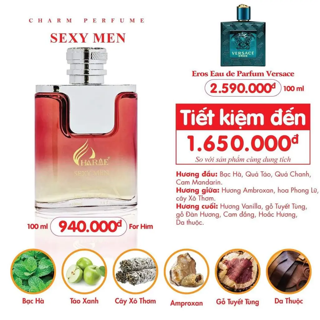 Nước Hoa Nam Charme Sexy Men 100ml | Lưu Hương 8-12 Giờ